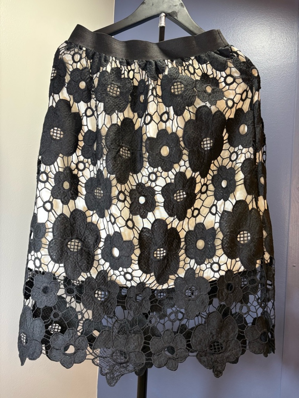Black Floral Lace A-Line Skirt with Ivory Underlay